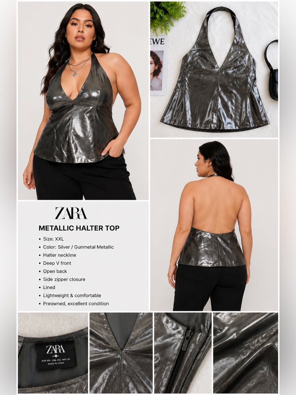Zara Metallic Halter Top Silver Gunmetal Shimmer Party Top XXL